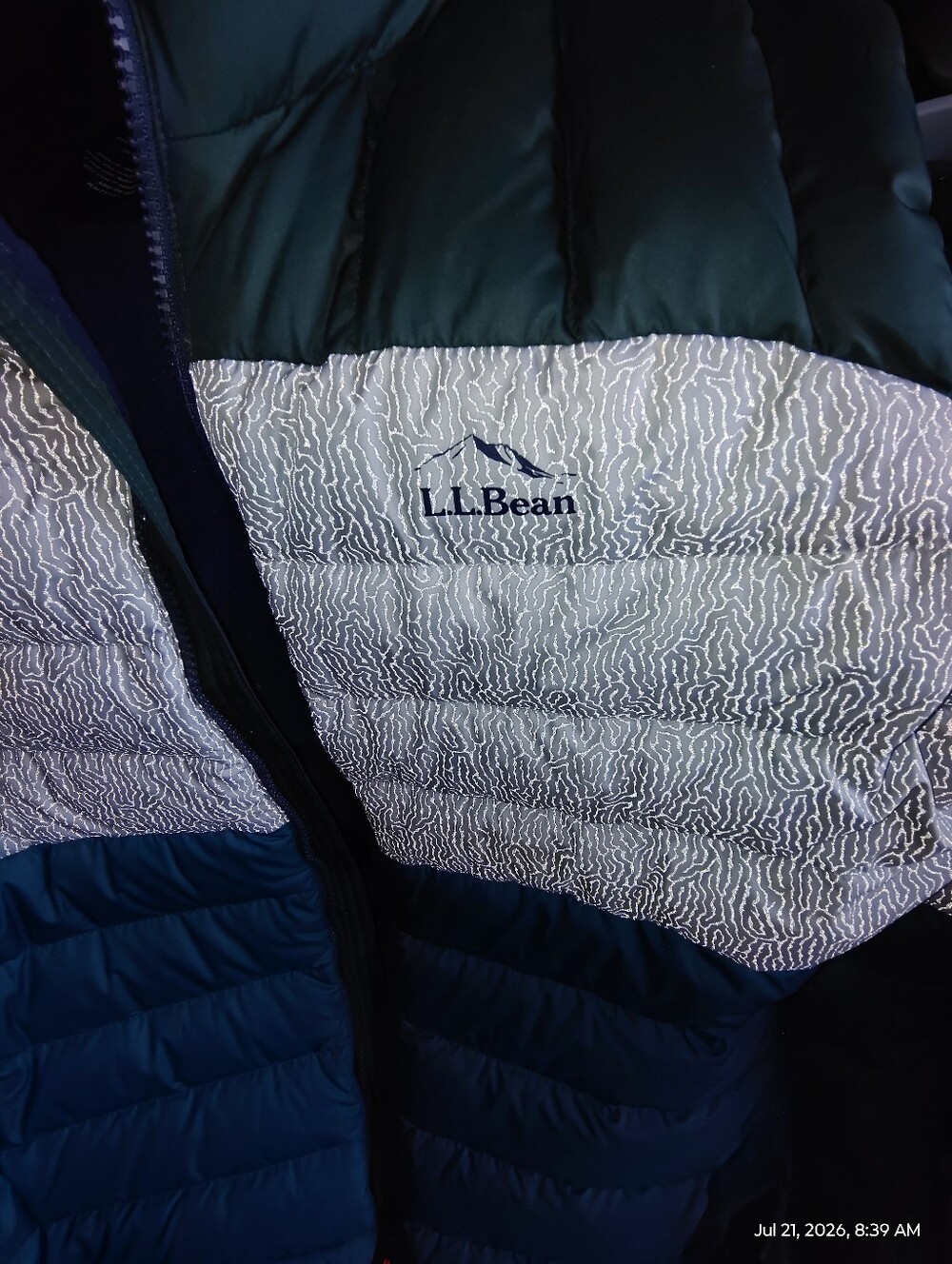 L.L.Bean Reflective Patterned Puffer Jacket - Navy & Dark Green